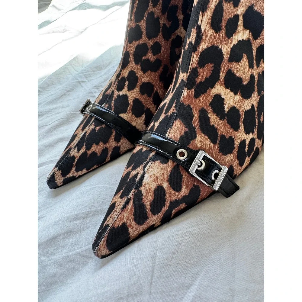 GANNI Leopard Beige & Black Satin Eyelet Kitten Heel Boots Women's Size 39 8.5/9